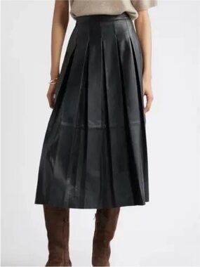 ANTONIO MELANI Black Genuine Leather Pleated A line Midi Skirt